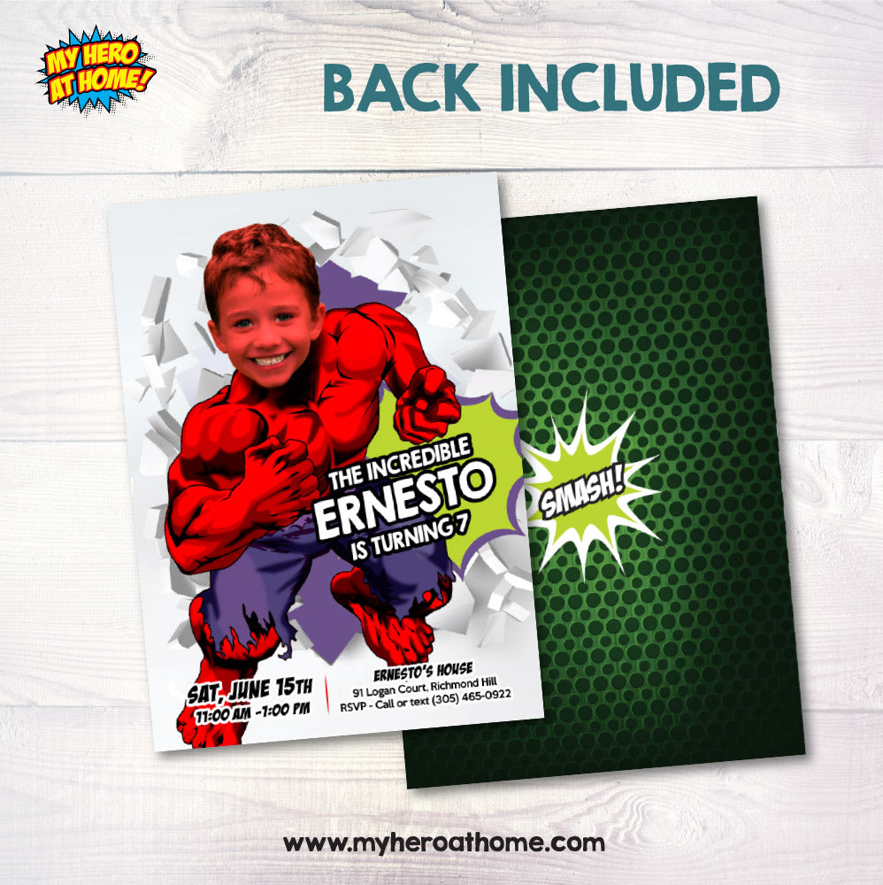 Red Hulk Party template Invitation, Red Hulk birthday themed, Red Hulk party Invite, Red Hulk photo Invite. 2257