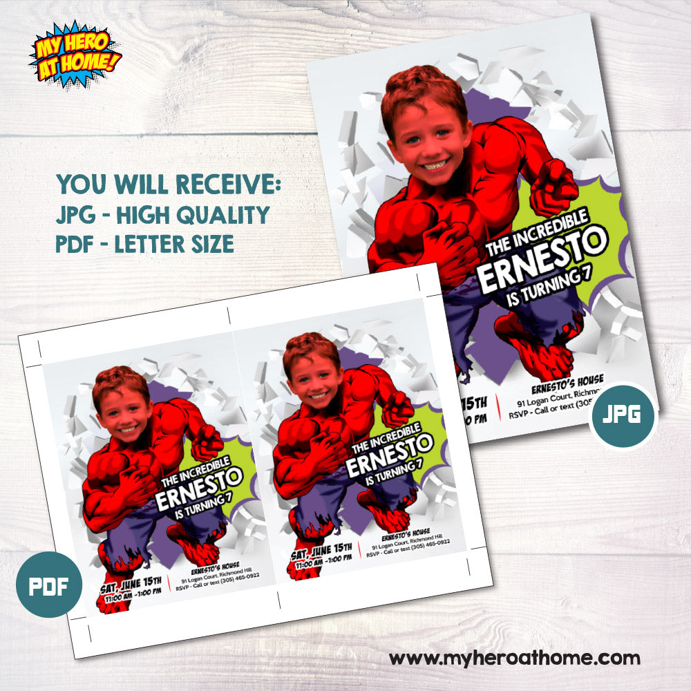Red Hulk Party template Invitation, Red Hulk birthday themed, Red Hulk party Invite, Red Hulk photo Invite. 2257