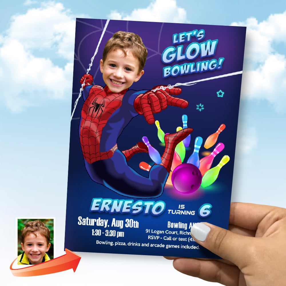 Let’s Glow Bowling Party Spiderman Invitation with kid as the star, Spidey neon bowling. 2262IN