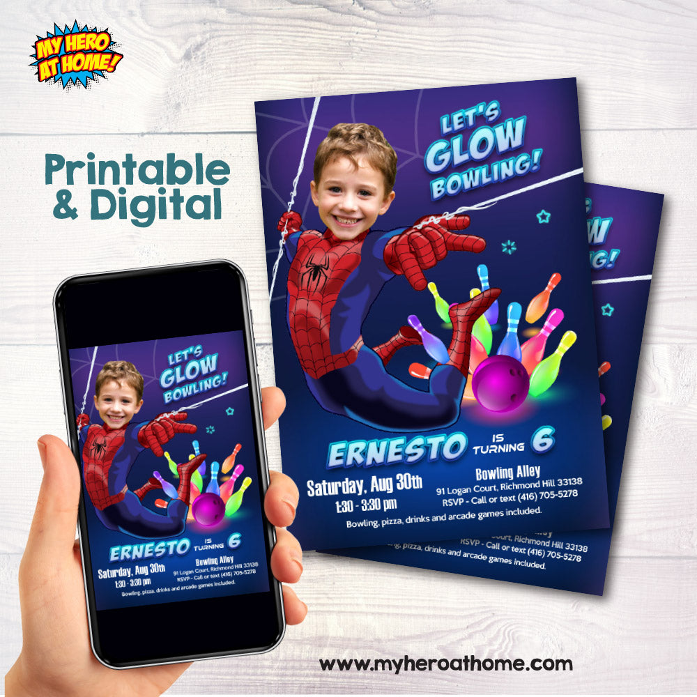 Let’s Glow Bowling Party Spiderman Invitation with kid as the star, Spidey neon bowling. 2262IN