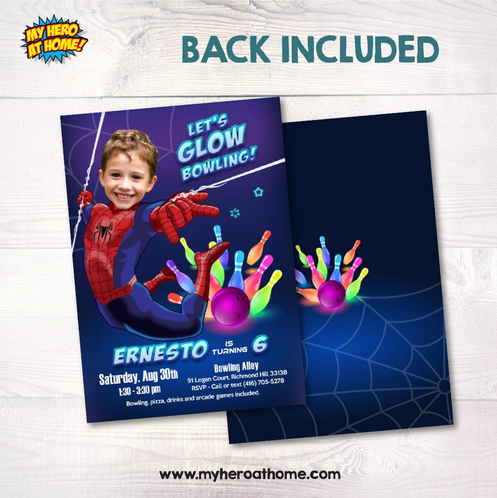Let’s Glow Bowling Party Spiderman Invitation with kid as the star, Spidey neon bowling. 2262IN
