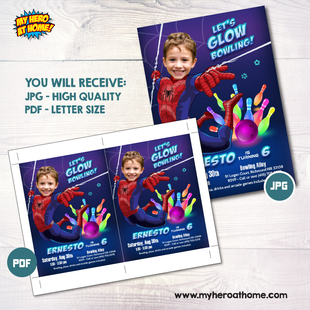 Let’s Glow Bowling Party Spiderman Invitation with kid as the star, Spidey neon bowling. 2262IN