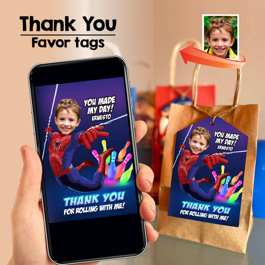 Spiderman Glow Bowling thank you and favor tags with birthday boy as the star. 2262TY