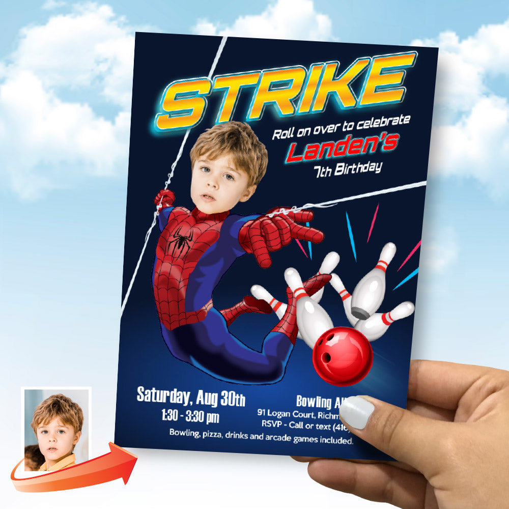 Bowling and Arcade Party Spiderman themed invitation with birthday boy as the star. 2265IN