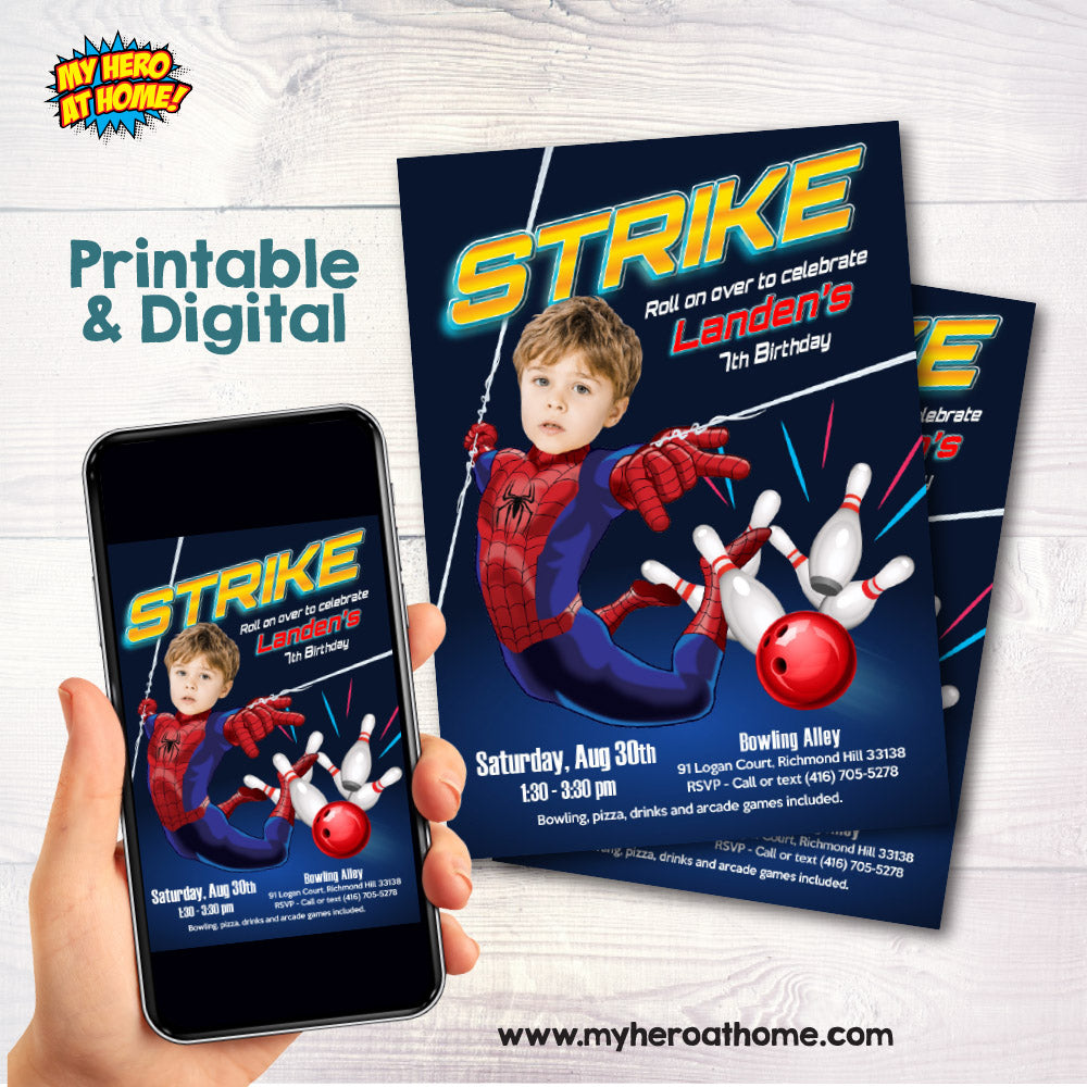 Bowling and Arcade Party Spiderman themed invitation with birthday boy as the star. 2265IN
