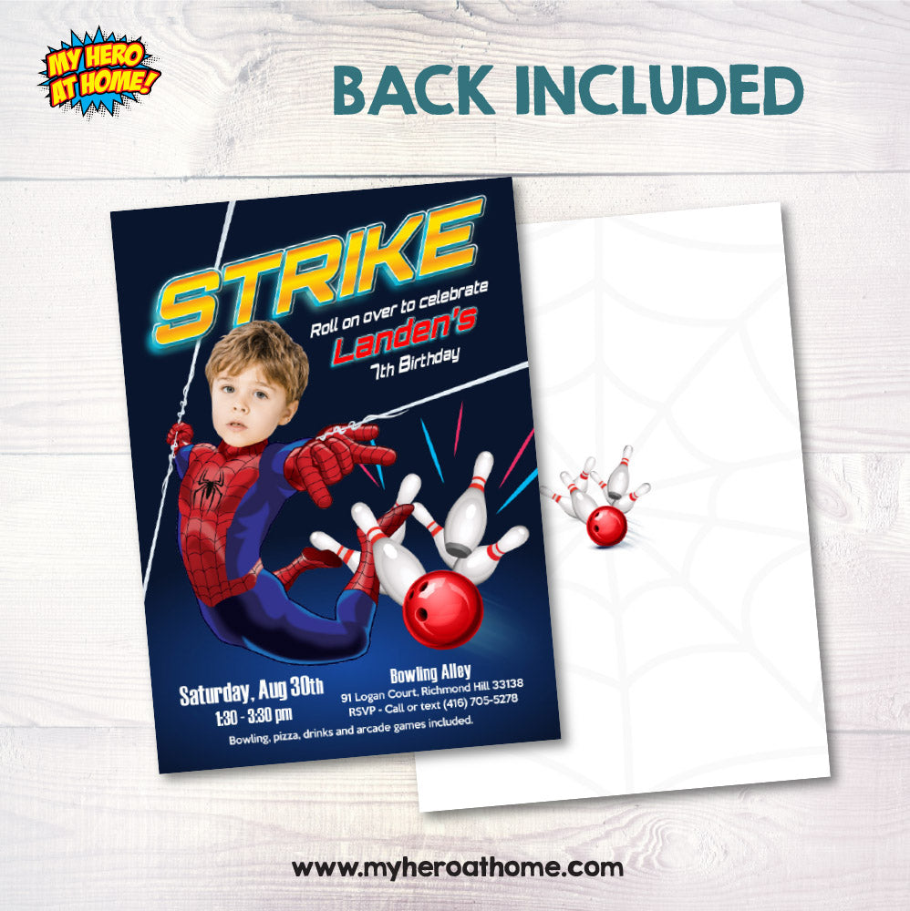 Bowling and Arcade Party Spiderman themed invitation with birthday boy as the star. 2265IN