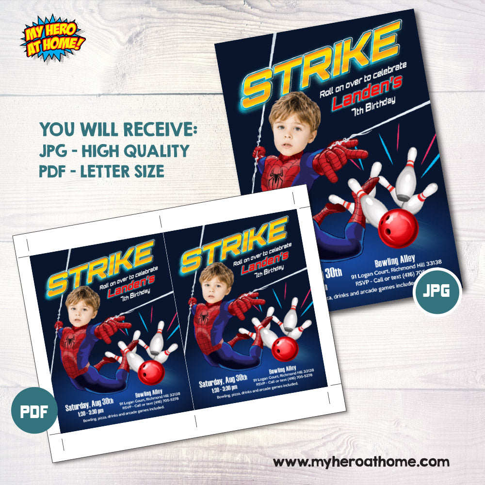 Bowling and Arcade Party Spiderman themed invitation with birthday boy as the star. 2265IN