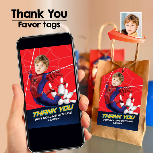 Spiderman Thank You for rolling with me with photo, Bowling Spider favors tags. 2265TY