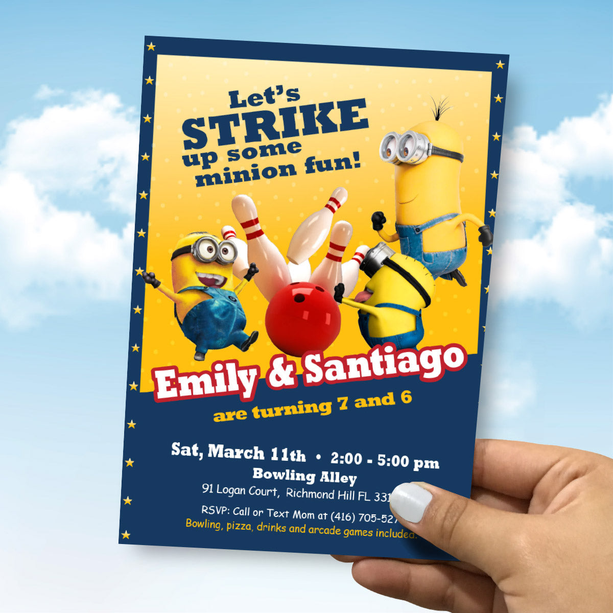 Joint Let's Strike up some Minion Fun Invitation, Minions Siblings Bowling party Invite. 2277B
