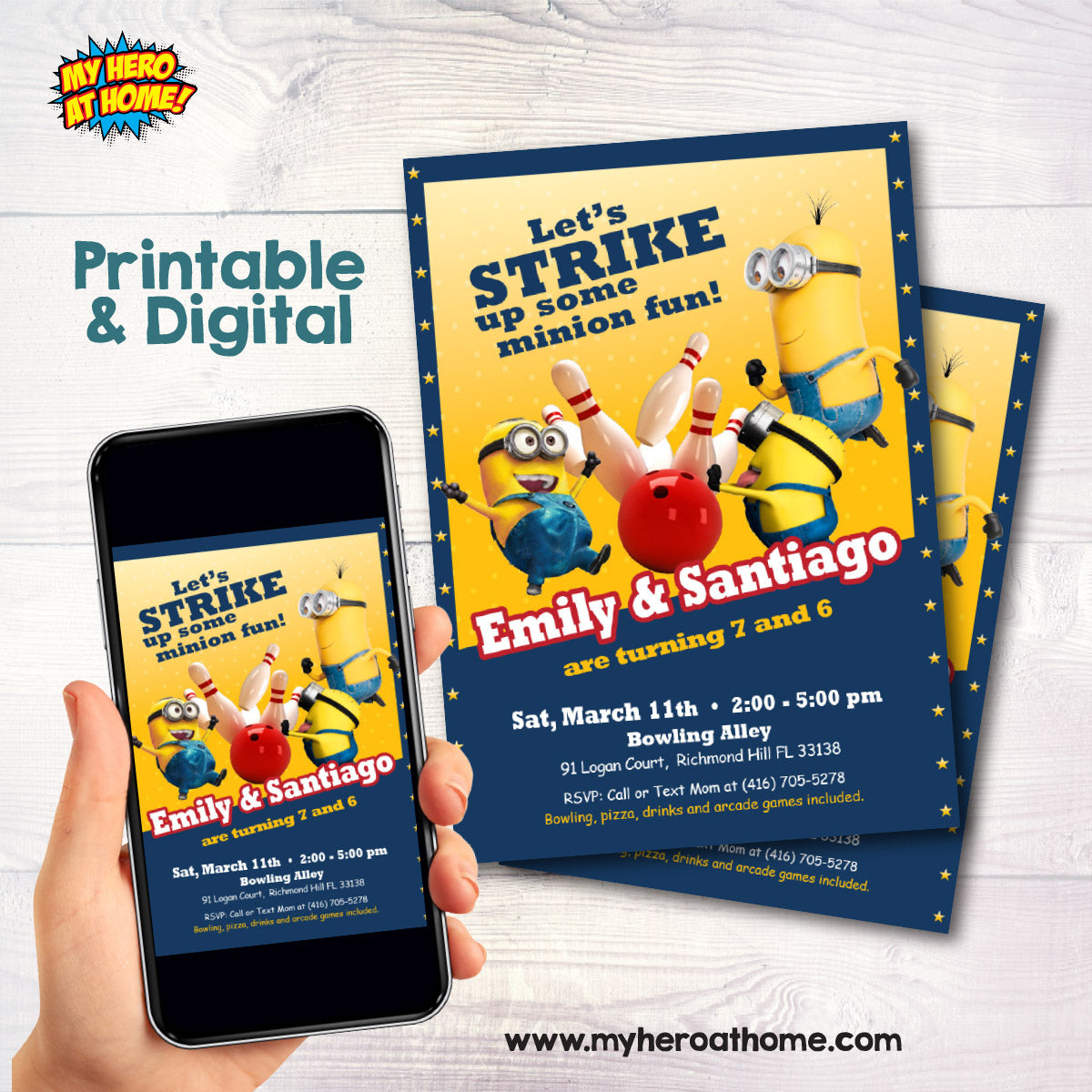 Joint Let's Strike up some Minion Fun Invitation, Minions Siblings Bowling party Invite. 2277B
