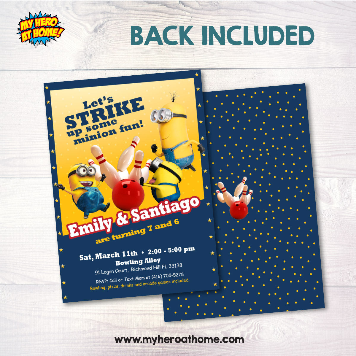 Joint Let's Strike up some Minion Fun Invitation, Minions Siblings Bowling party Invite. 2277B