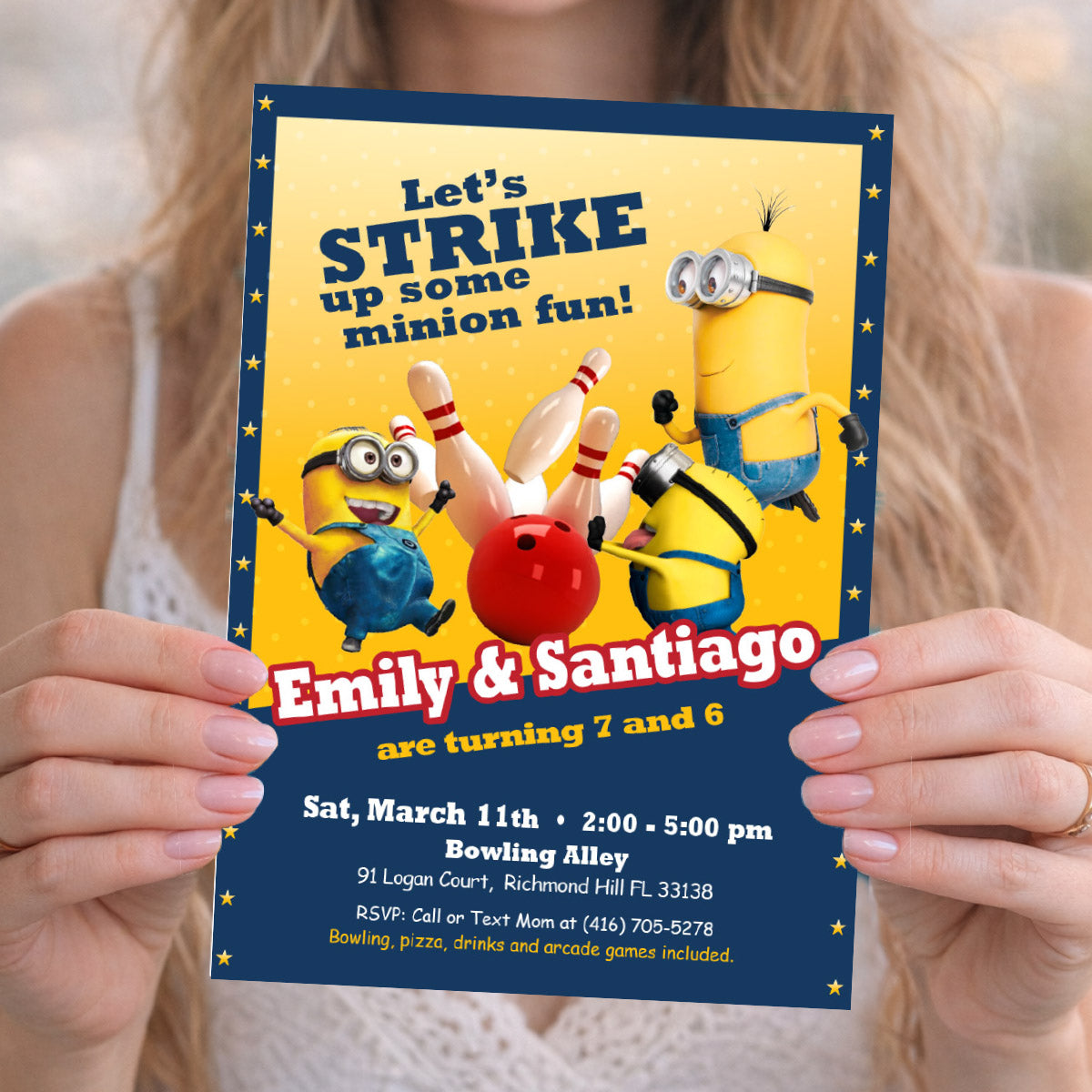 Joint Let's Strike up some Minion Fun Invitation, Minions Siblings Bowling party Invite. 2277B