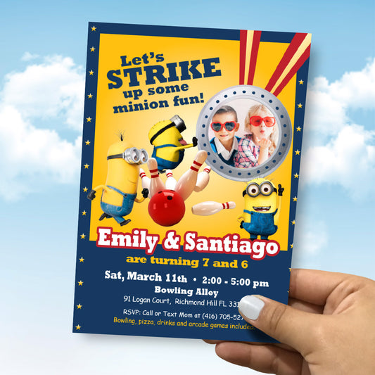 Personalized Minions Siblings Bowling Birthday Party Invitation with photos (Digital, Printable) 2277C