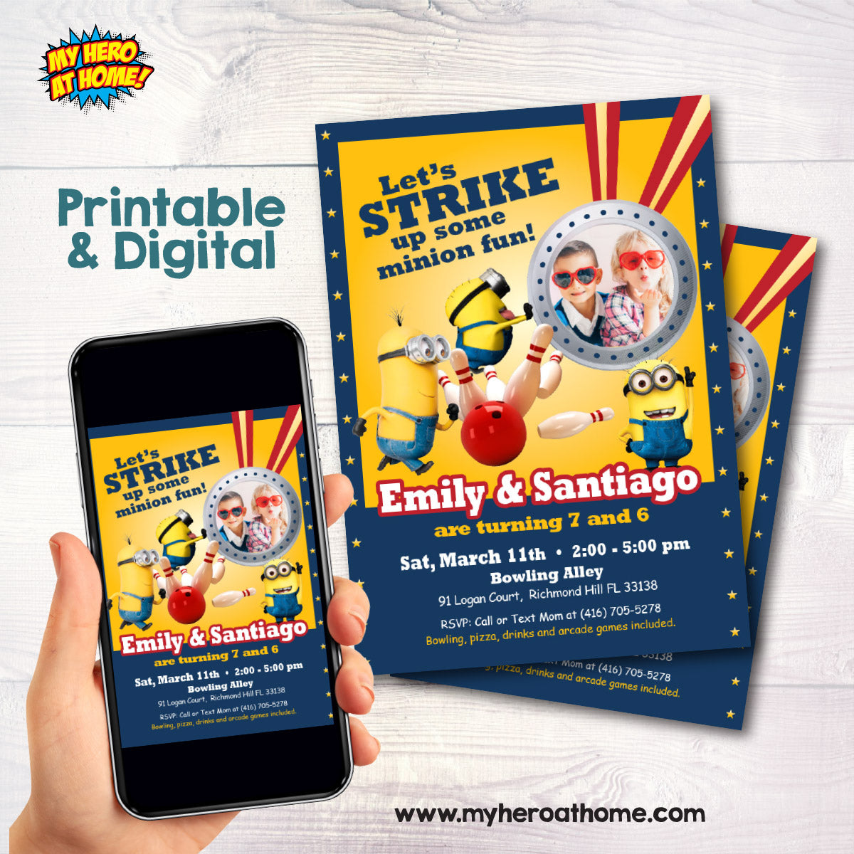 Personalized Minions Siblings Bowling Birthday Party Invitation with photos (Digital, Printable) 2277C