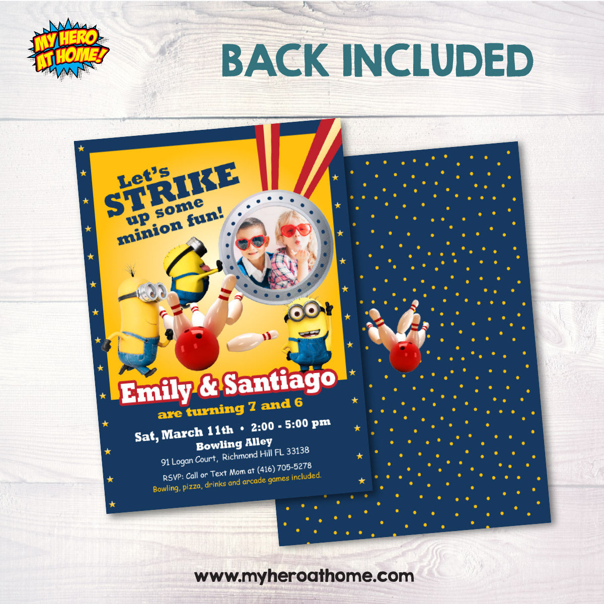 Personalized Minions Siblings Bowling Birthday Party Invitation with photos (Digital, Printable) 2277C
