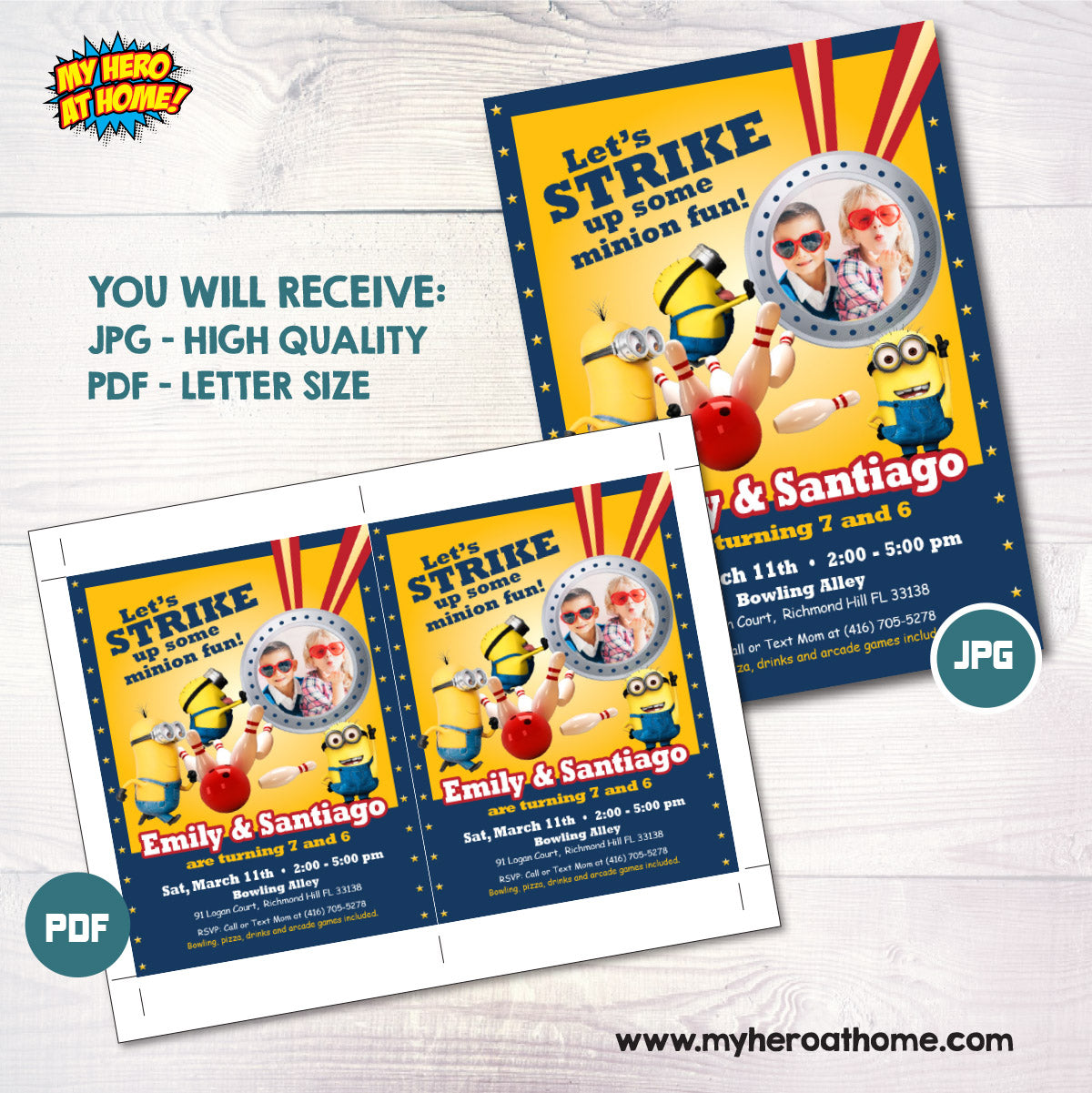 Personalized Minions Siblings Bowling Birthday Party Invitation with photos (Digital, Printable) 2277C