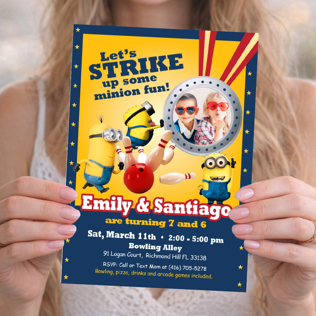 Personalized Minions Siblings Bowling Birthday Party Invitation with photos (Digital, Printable) 2277C