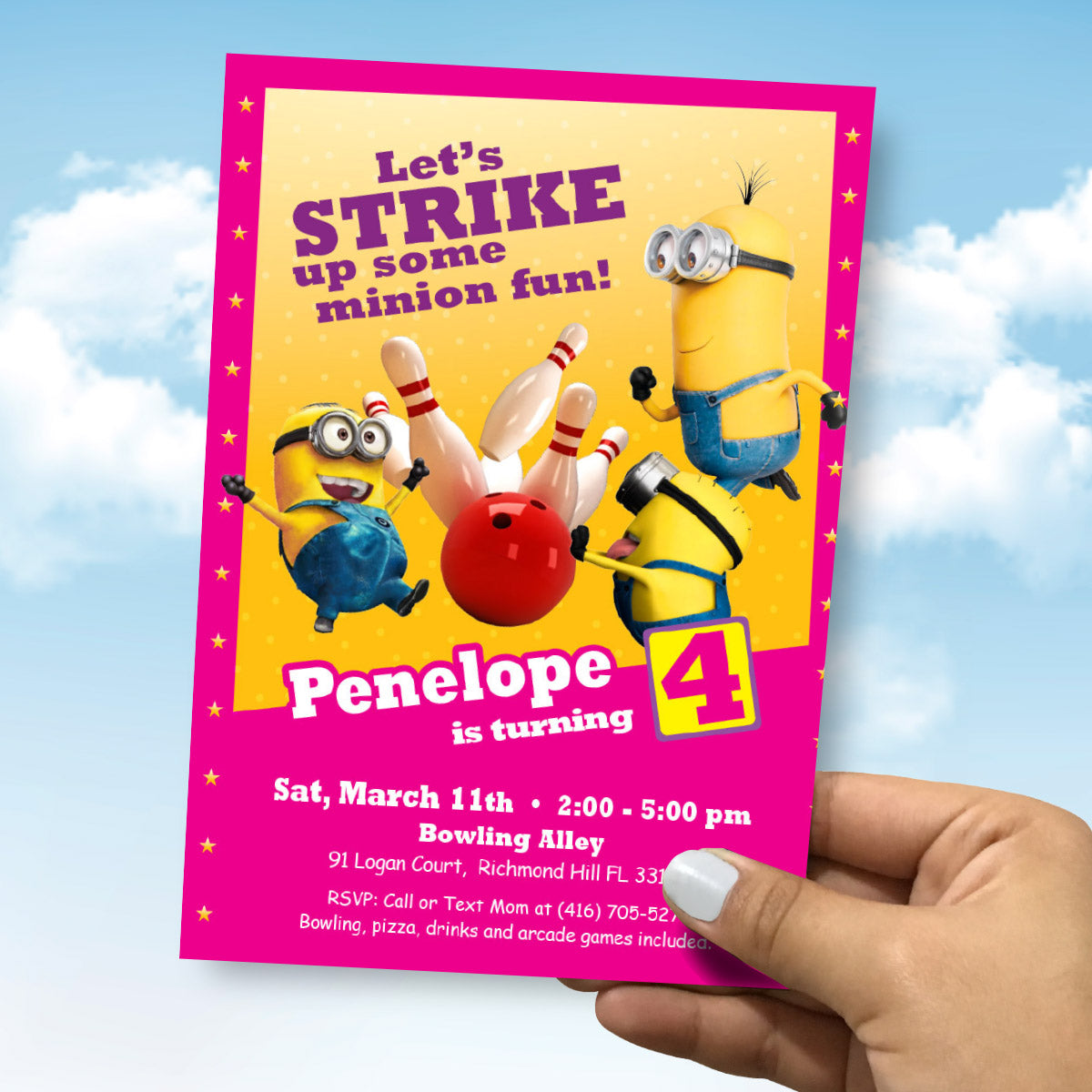 Custom Pink Minions Bowling Party Invitation for a birthday girl. 2277G