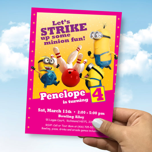 Custom Pink Minions Bowling Party Invitation for a birthday girl. 2277G