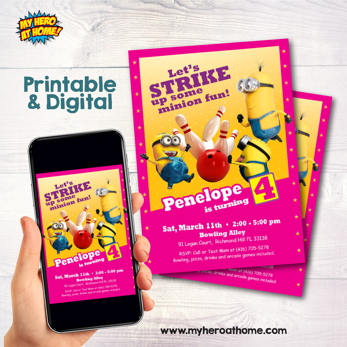 Custom Pink Minions Bowling Party Invitation for a birthday girl. 2277G
