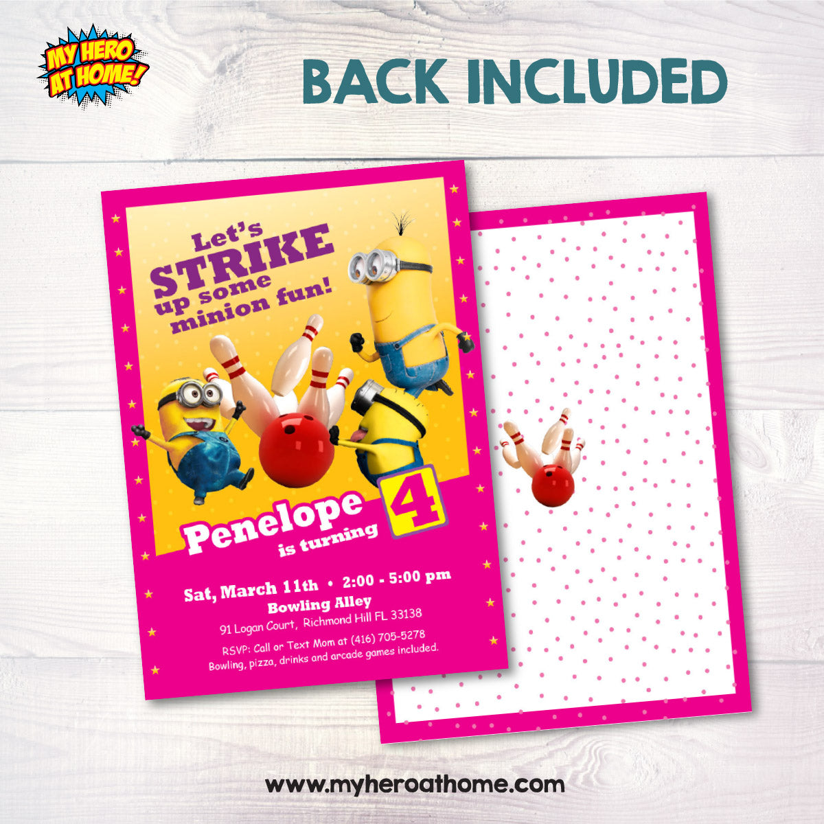 Custom Pink Minions Bowling Party Invitation for a birthday girl. 2277G