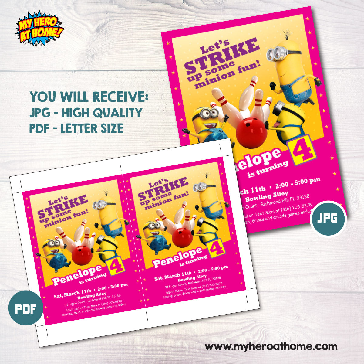 Custom Pink Minions Bowling Party Invitation for a birthday girl. 2277G
