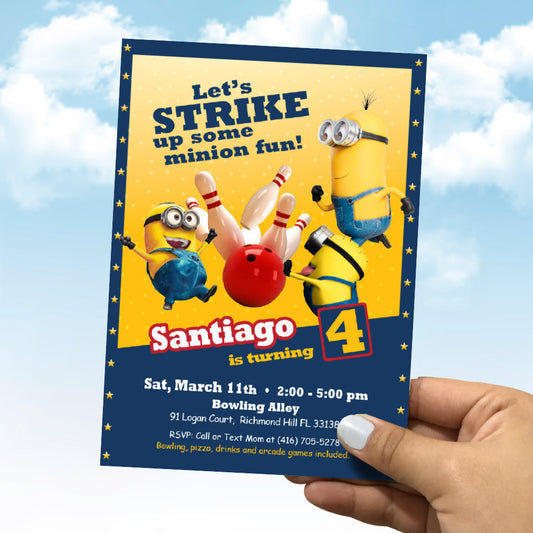 Let's Strike up some Minion Fun Invitation, Minions Arcade Bowling party Invite. 2277