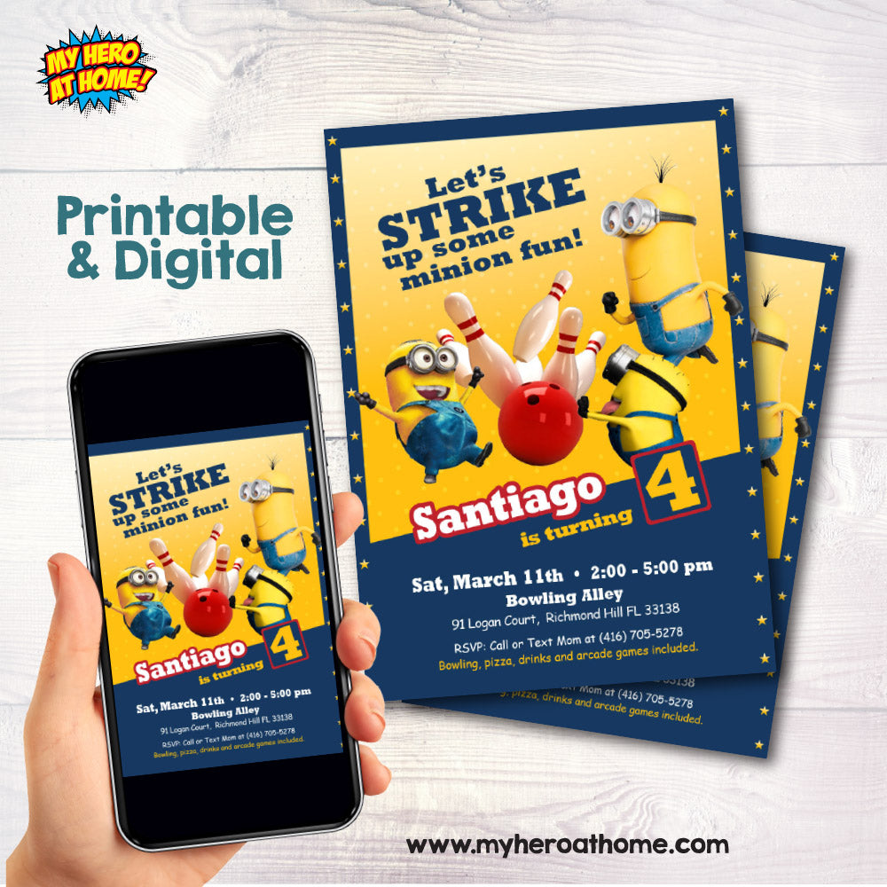 Let's Strike up some Minion Fun Invitation, Minions Arcade Bowling party Invite. 2277