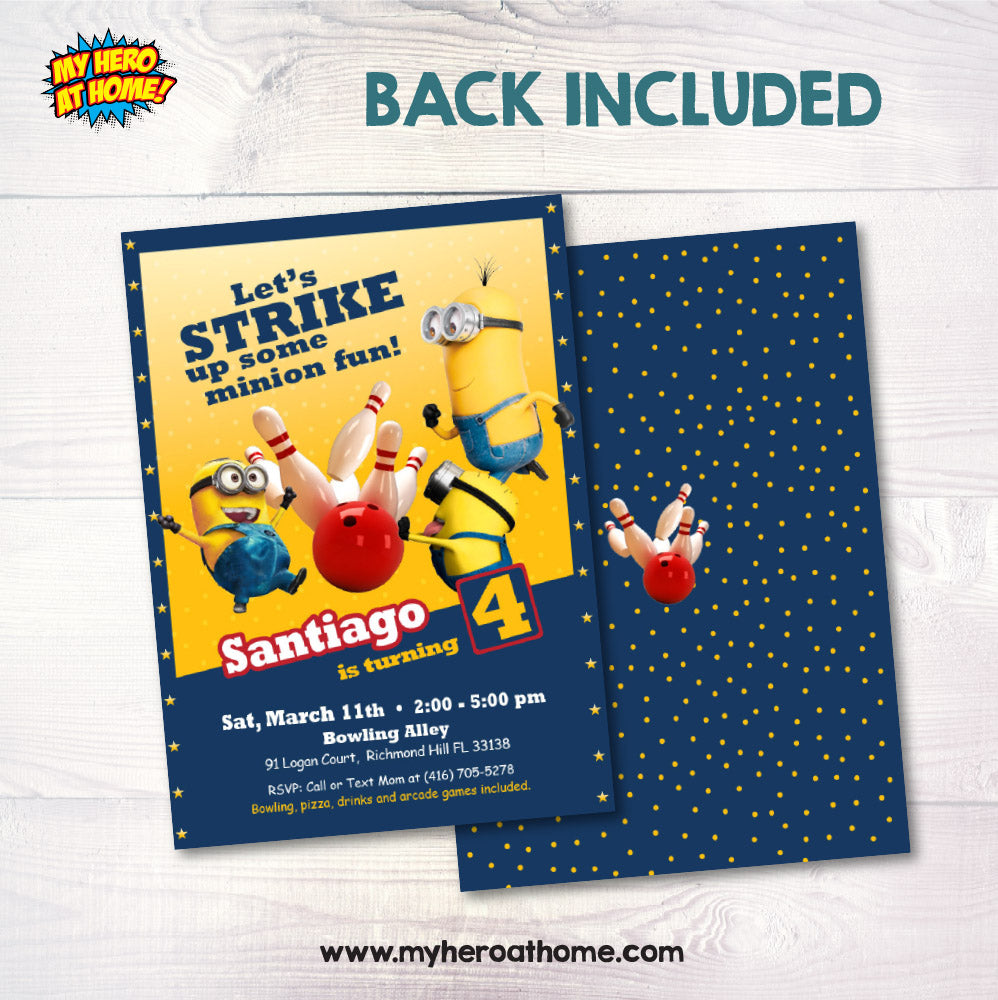 Let's Strike up some Minion Fun Invitation, Minions Arcade Bowling party Invite. 2277