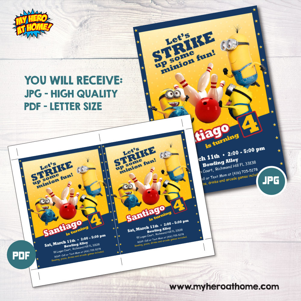 Let's Strike up some Minion Fun Invitation, Minions Arcade Bowling party Invite. 2277