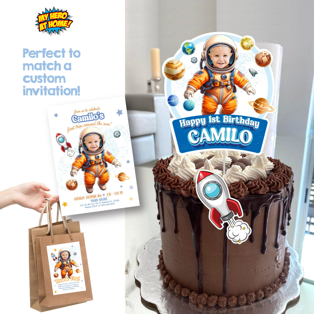 Personalized Astronaut 1st birthday Cake topper with your baby as the star. 2284CT