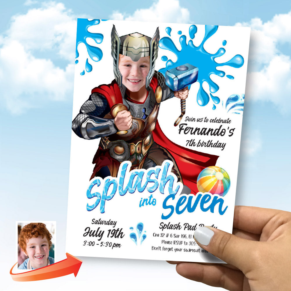 Personalized Thor Splash Party Invitation with kid as Thor, Splash pad party invite themed Thor. 857SP