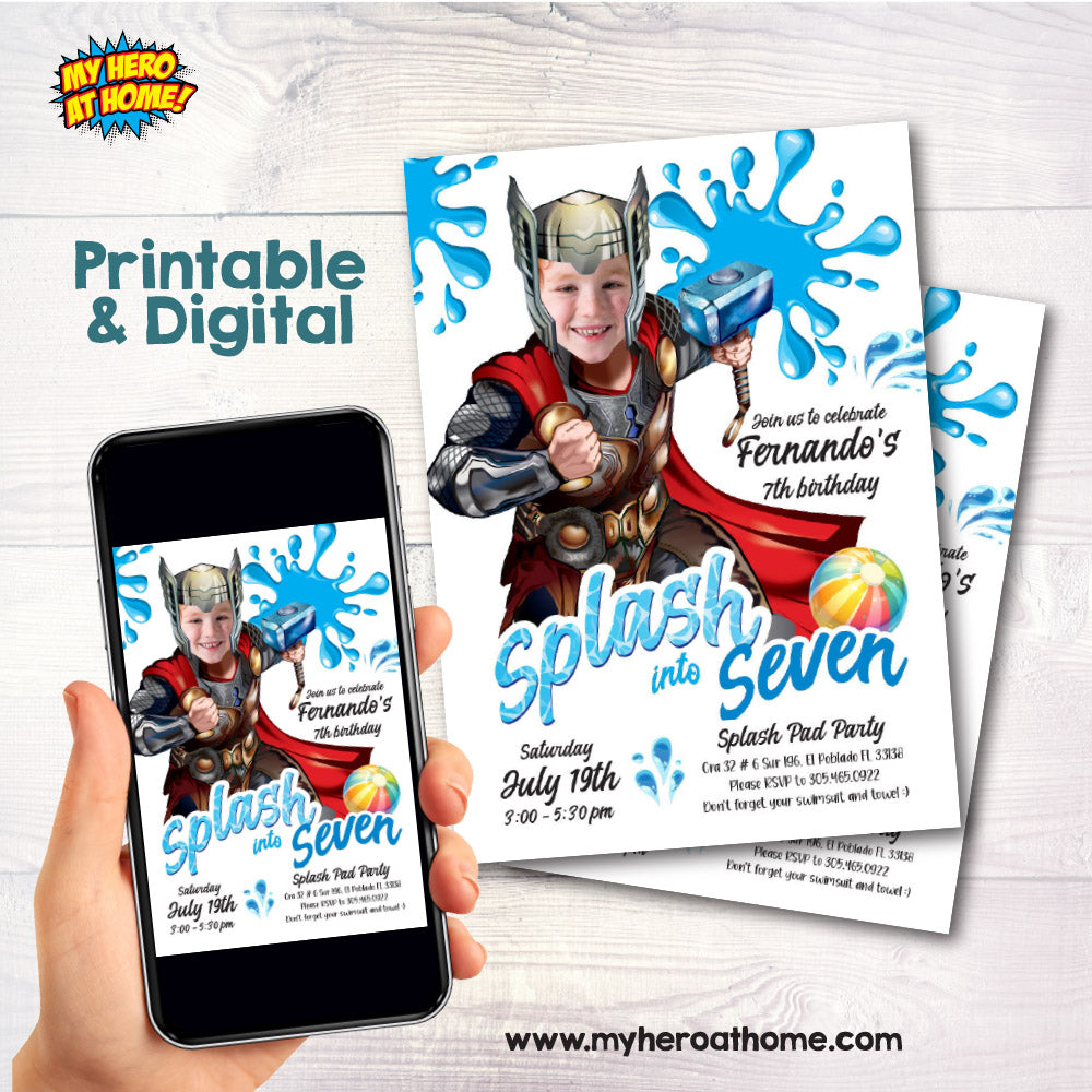 Personalized Thor Splash Party Invitation with kid as Thor, Splash pad party invite themed Thor. 857SP