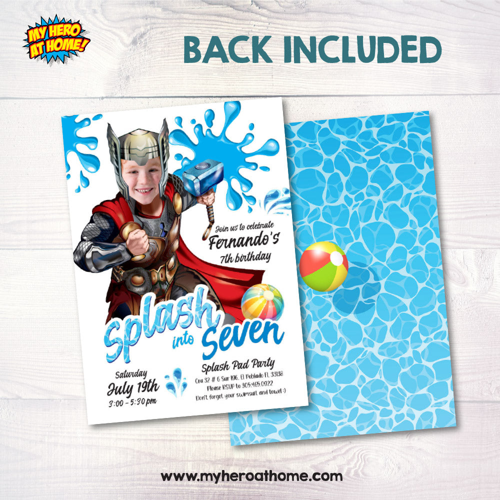 Personalized Thor Splash Party Invitation with kid as Thor, Splash pad party invite themed Thor. 857SP