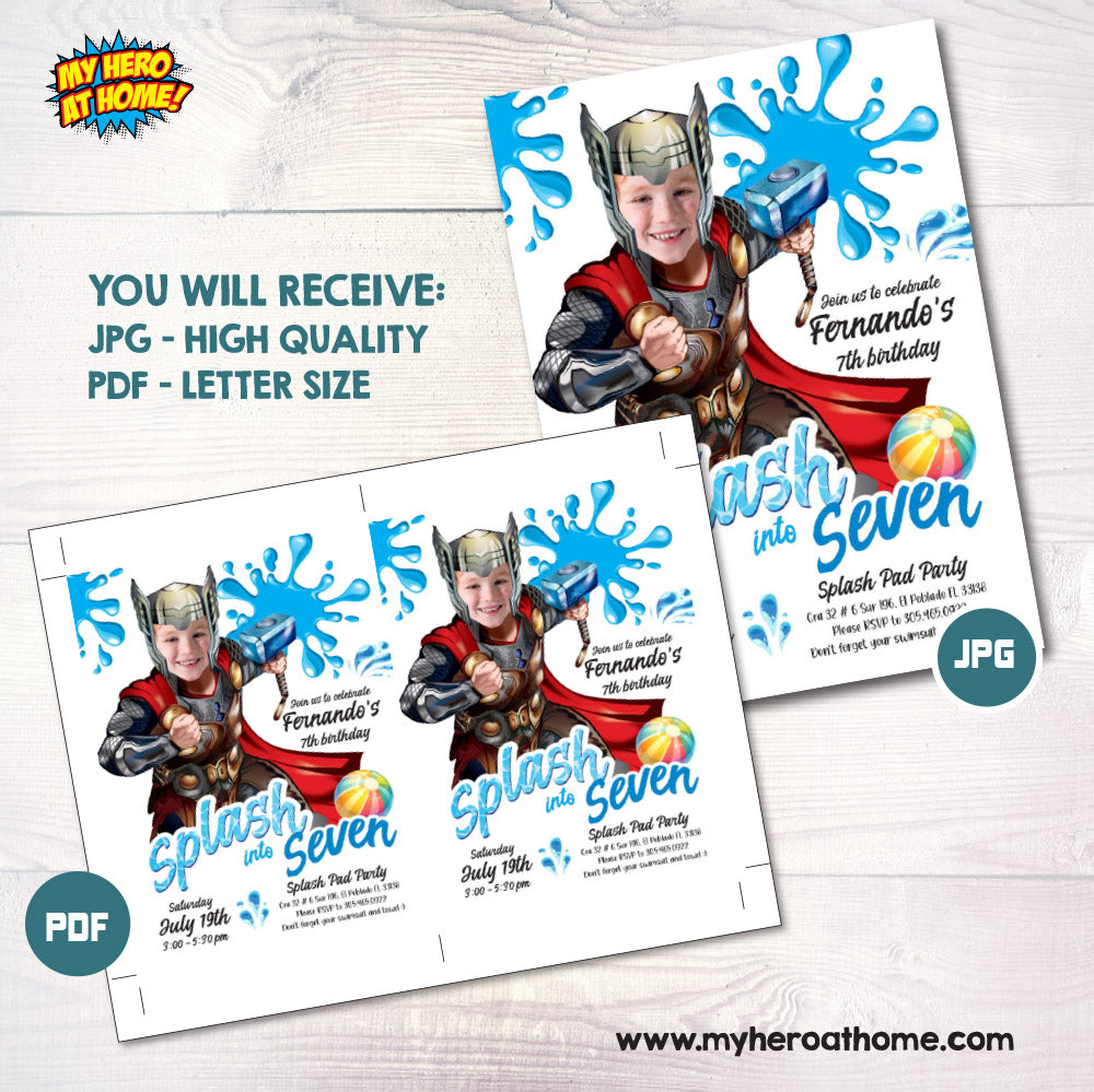 Personalized Thor Splash Party Invitation with kid as Thor, Splash pad party invite themed Thor. 857SP