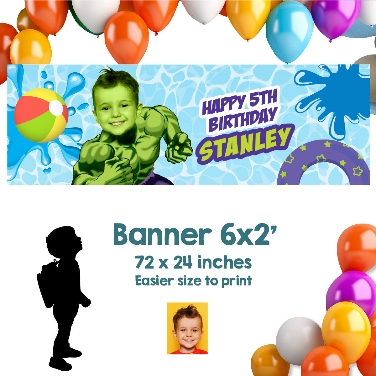 Hulk Pool Party Horizontal Banner customized with your kid as Hulk (6x2', Landscape). 2293BBH