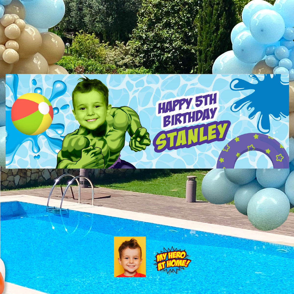 Hulk Pool Party Horizontal Banner customized with your kid as Hulk (6x2', Landscape). 2293BBH