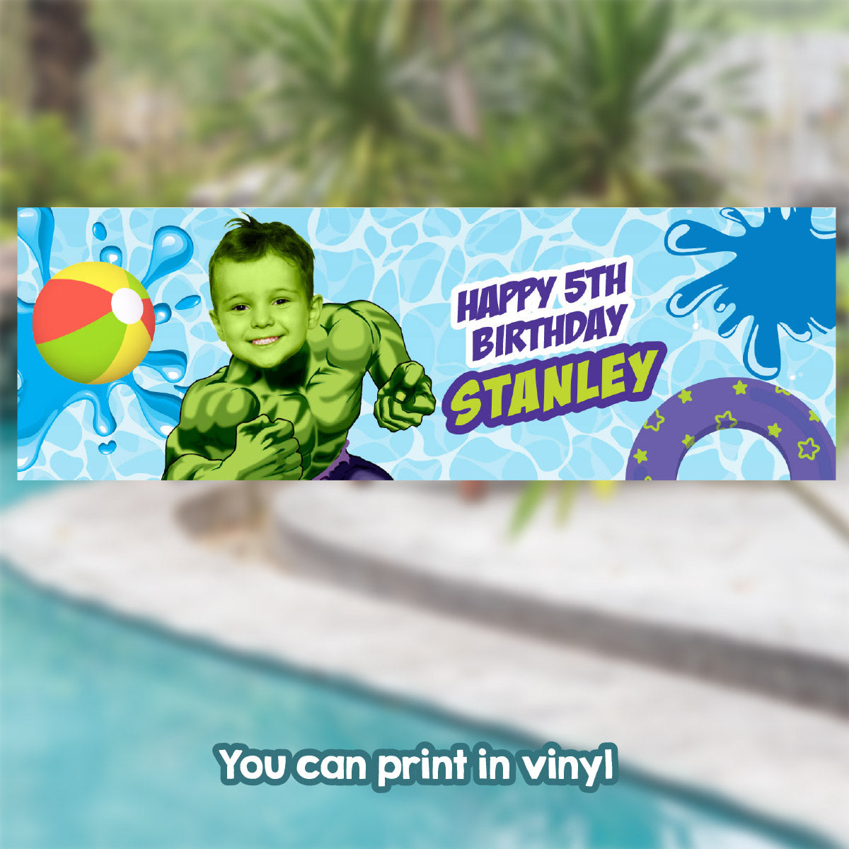 Hulk Pool Party Horizontal Banner customized with your kid as Hulk (6x2', Landscape). 2293BBH