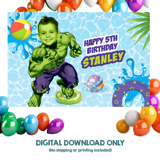 Hulk Pool Party Banner Backdrop with birthday boy as the star. 2293BB