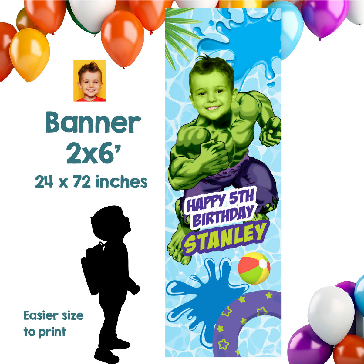 Hulk pool party vertical banner with birthday kid as Hulk (Portrait, Roll up banner). 2293BBV