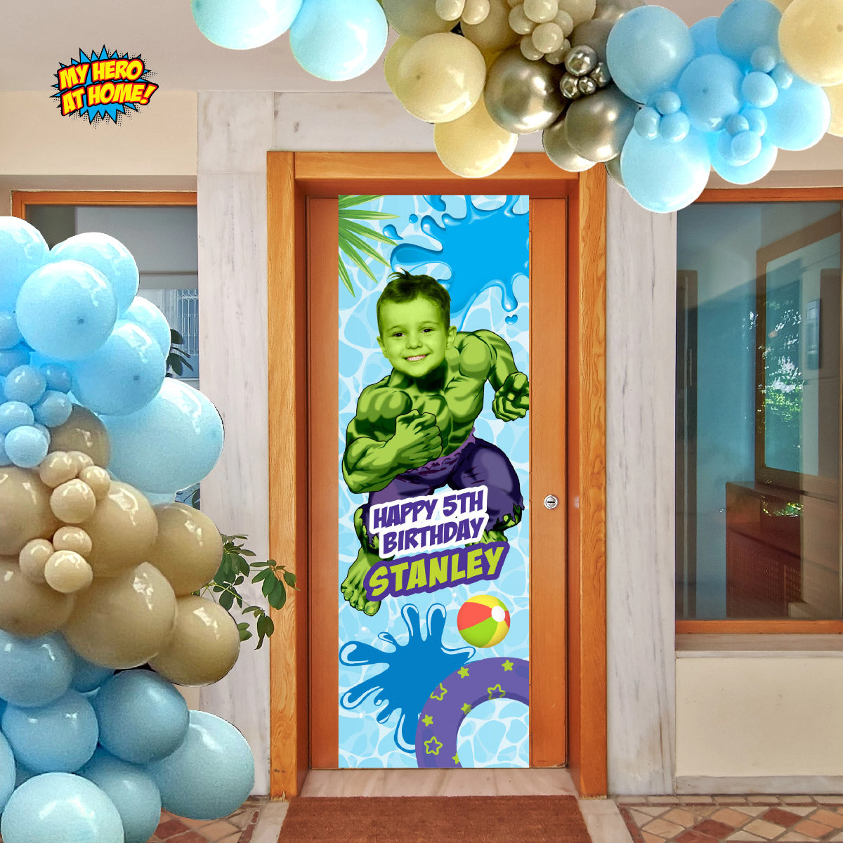 Hulk pool party vertical banner with birthday kid as Hulk (Portrait, Roll up banner). 2293BBV