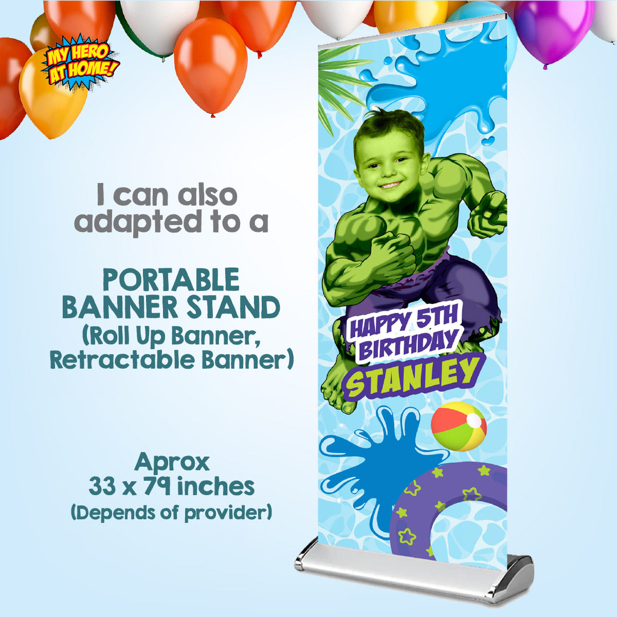 Hulk pool party vertical banner with birthday kid as Hulk (Portrait, Roll up banner). 2293BBV