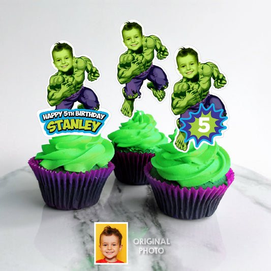 Hulk Cupcake Toppers with your child as the star, Custom Hulk Cupcakes. 2293CK
