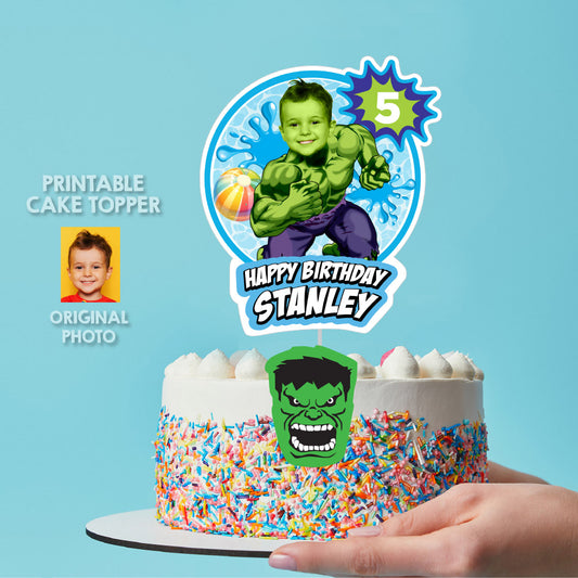 Hulk Pool Party Cake topper with Photo, Smash Hulk Splash birthday cake. 2293CT1