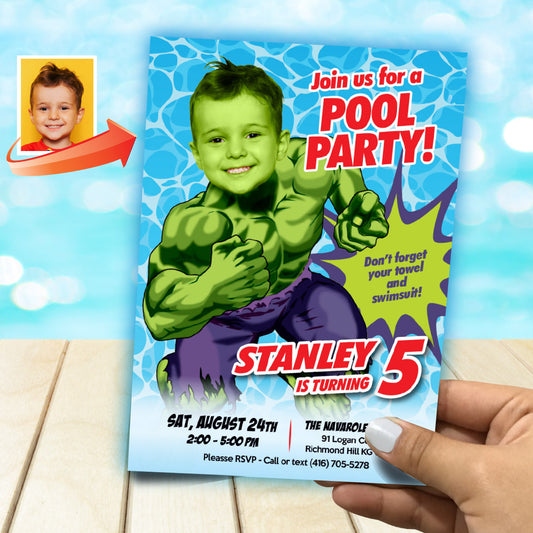 Custom Hulk Pool Party Invitation with photo, Superheroes Splash Invite. 2293IN2