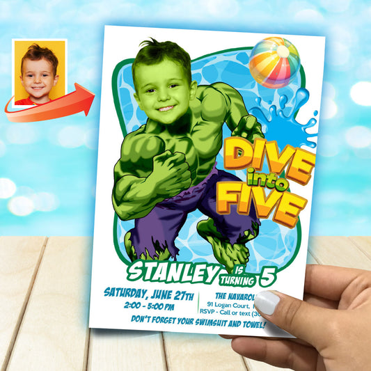 Personalized Hulk Dive into age Pool Party Birthday Invitation with photo. 2293IN4