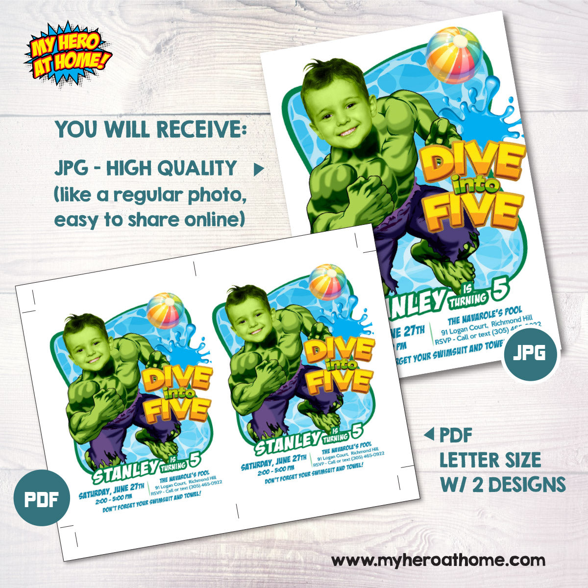 Personalized Hulk Dive into age Pool Party Birthday Invitation with photo. 2293IN4