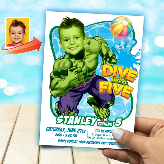 Personalized Hulk Dive into age Pool Party Birthday Invitation with photo. 2293IN4
