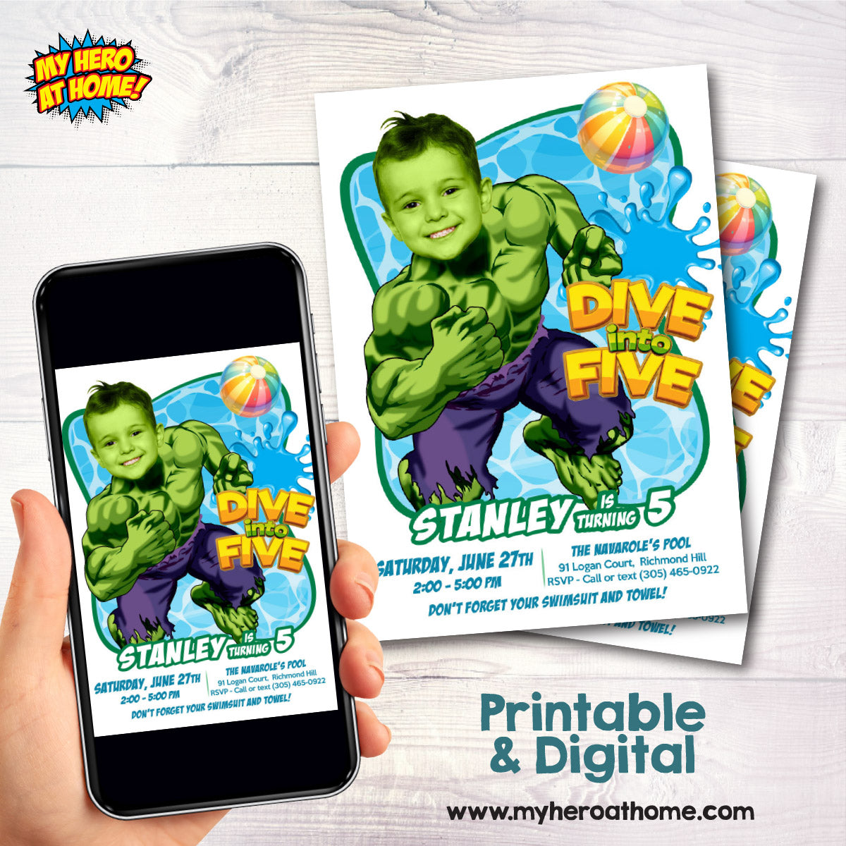 Personalized Hulk Dive into age Pool Party Birthday Invitation with photo. 2293IN4