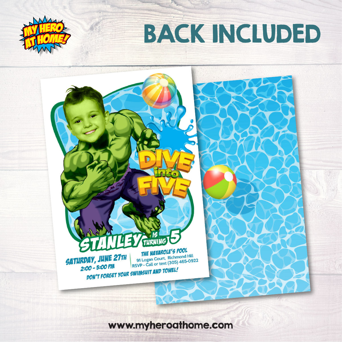 Personalized Hulk Dive into age Pool Party Birthday Invitation with photo. 2293IN4